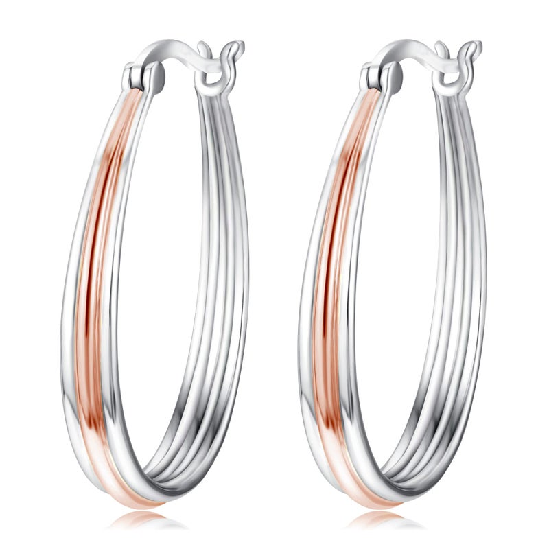 LUHE Two Tone Hoop Earrings for Women 18K Gold Plated And Silver Small Sterling Silver Oval Grooved Hoop Earrings Jewelry Gifts - Image 1